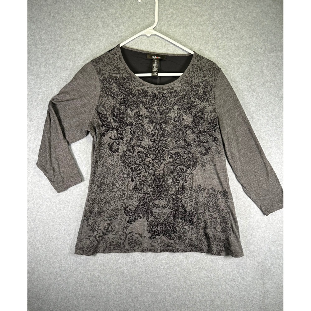 Style & Co Gray Black Flocked Paisley Damask 3/4 Sleeve Mixed Media Top Medium